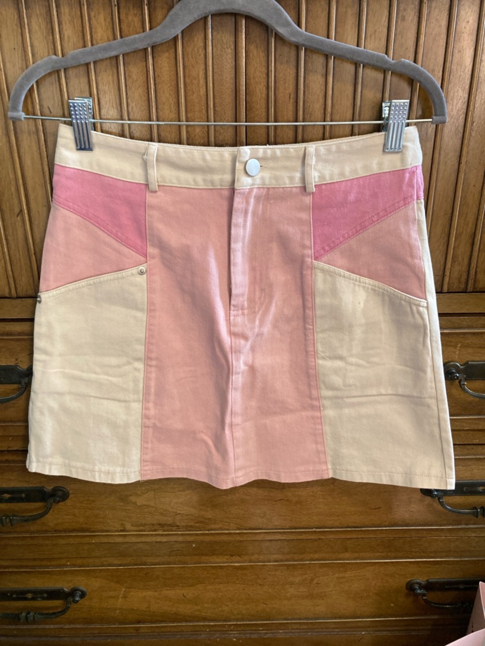 Very J Pink and Cream Colorblock Denim Mini Skirt